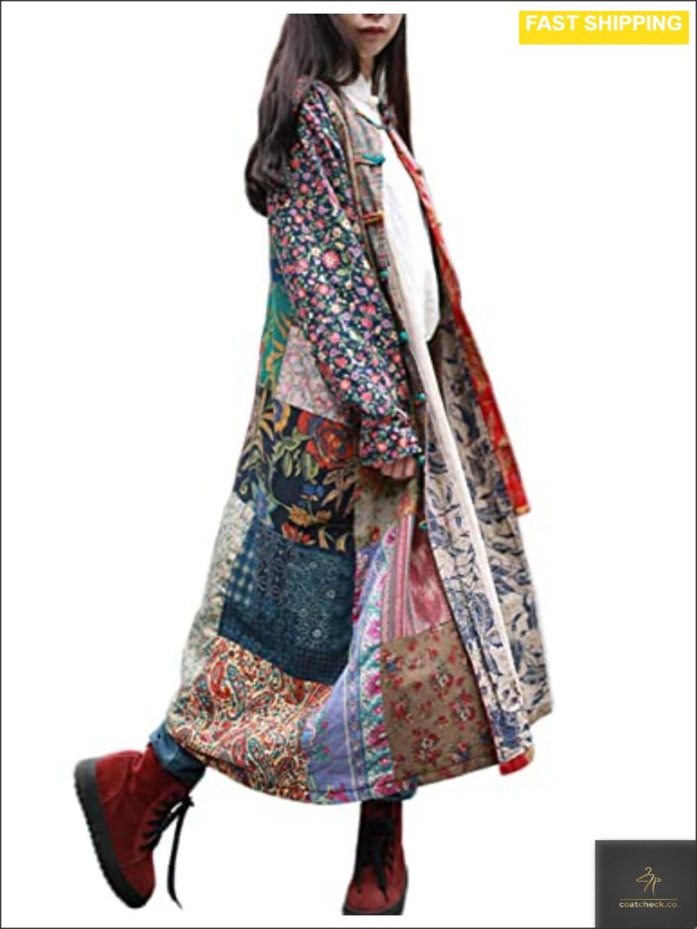 Women Patchwork Cotton Linen Trench Coat Boho Floral Long Duster Jacket